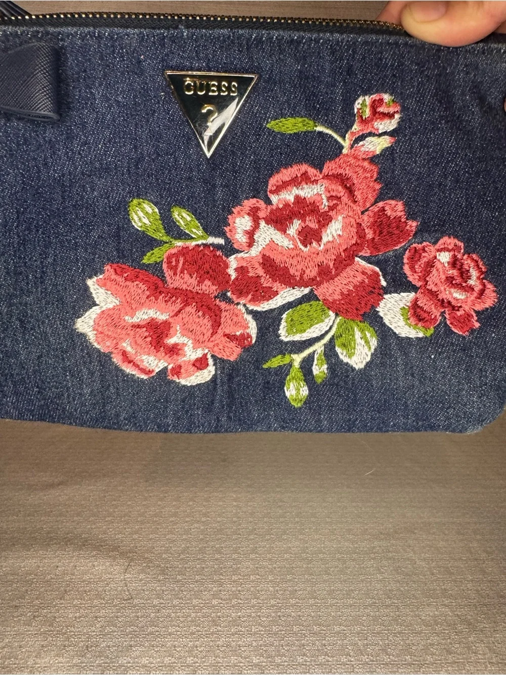 GUESS Denim Clutch with Rose embroidered